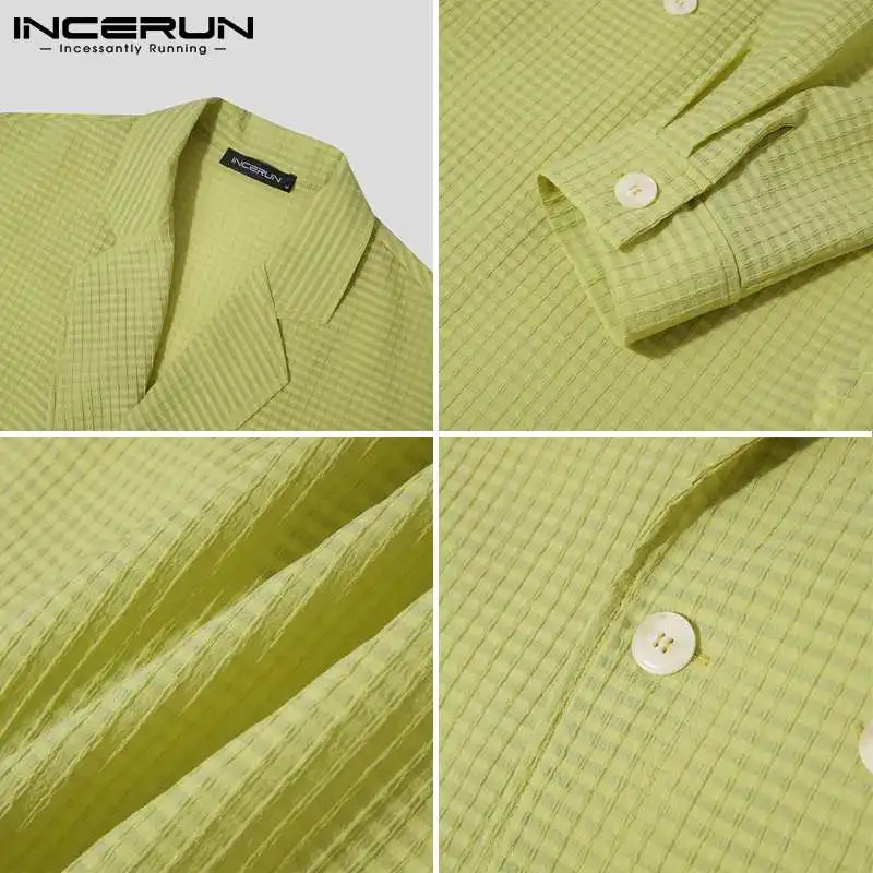 INCERUN-Blazer casual masculino, estilo coreano, lapela, manga comprida, ternos de botões, streetwear dobrado, jaquetas finas, moda, monocromático,