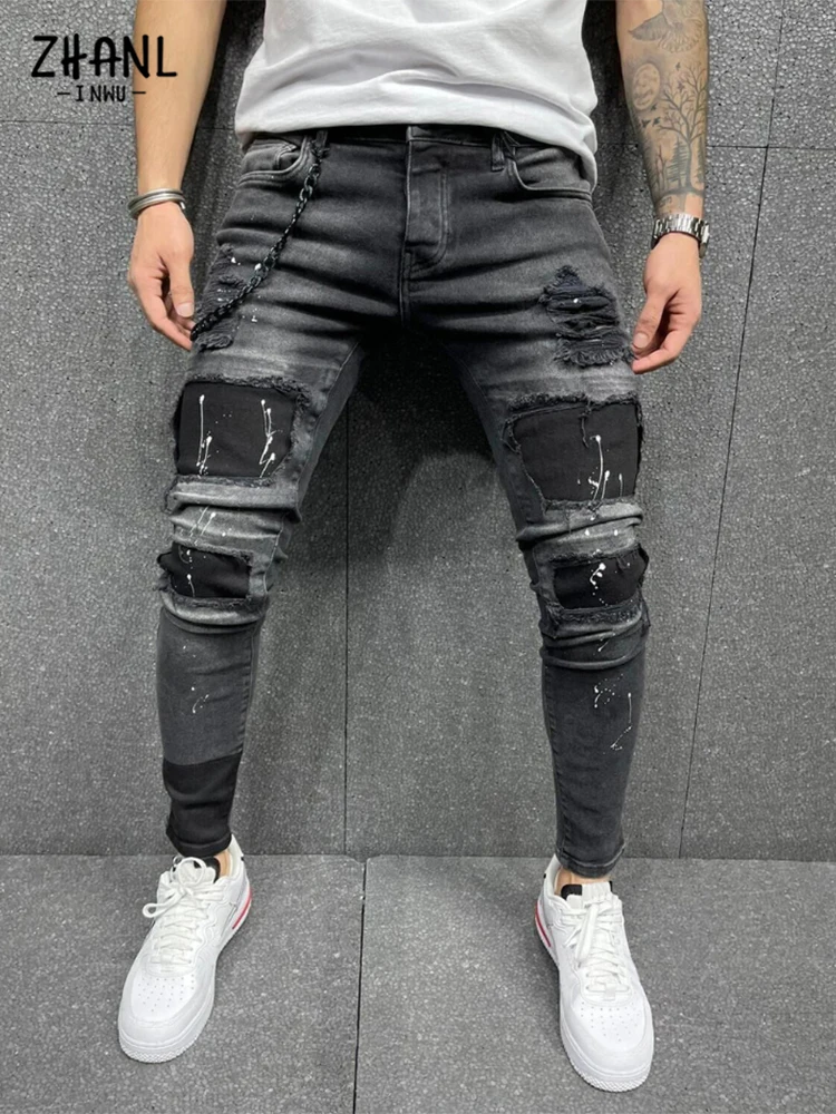 Men Fashion Spray Paint Printed Men\'s Jeans High Quality Black Distressed Slim Pencil Pants Hip Hop Ripped Skinny Denim Trousers