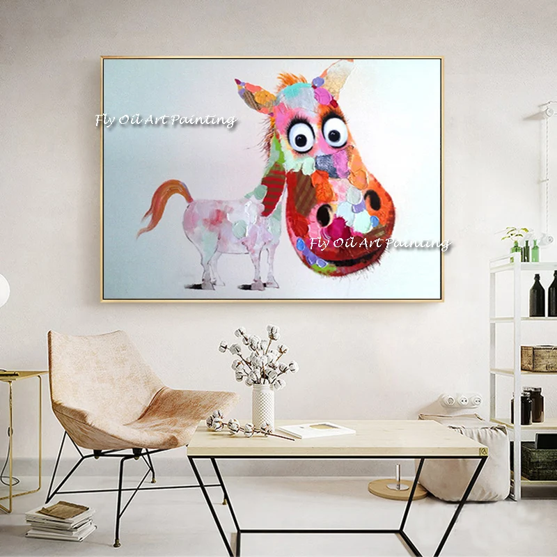 

The High Quality Hand Painted Colorful Animal Oil Painting Art Wall on Canvas Mural Corridor Picture For Child Home Decor Donkey