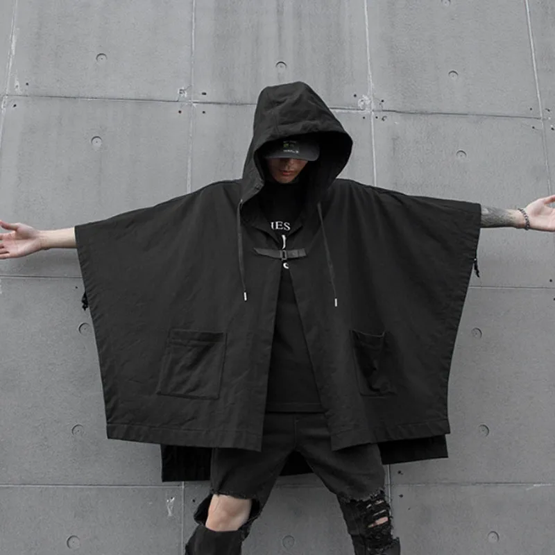 Men Ribbon Splice Hooded Shawl Jacket Cardigan Male Women Hip Hop Streetwear Punk Gothic Outerwear Coat Cloak Stage Clothing