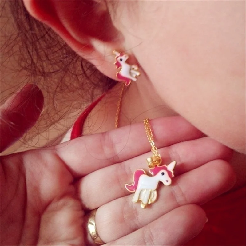 4pcs/set Necklace Earrings Cartoon Unicorn Necklace Earring Jewelry Pink Girls Gift Jewelry Jewelry  Earring and Necklace Set