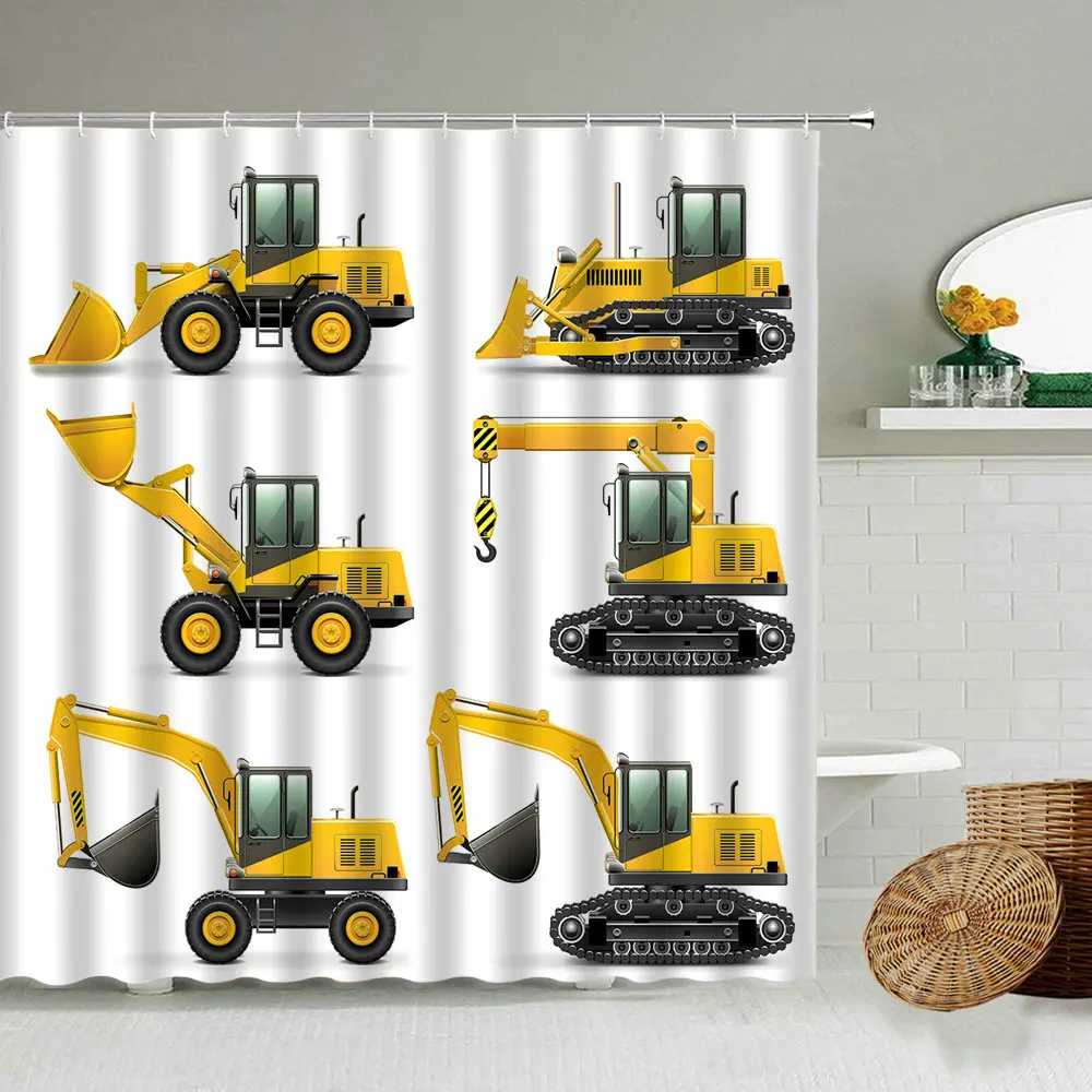 Cartoon Yellow Construction Truck Excavator Car Shower Curtain Machinery Equipment White Child Bathroom Waterproof Curtains