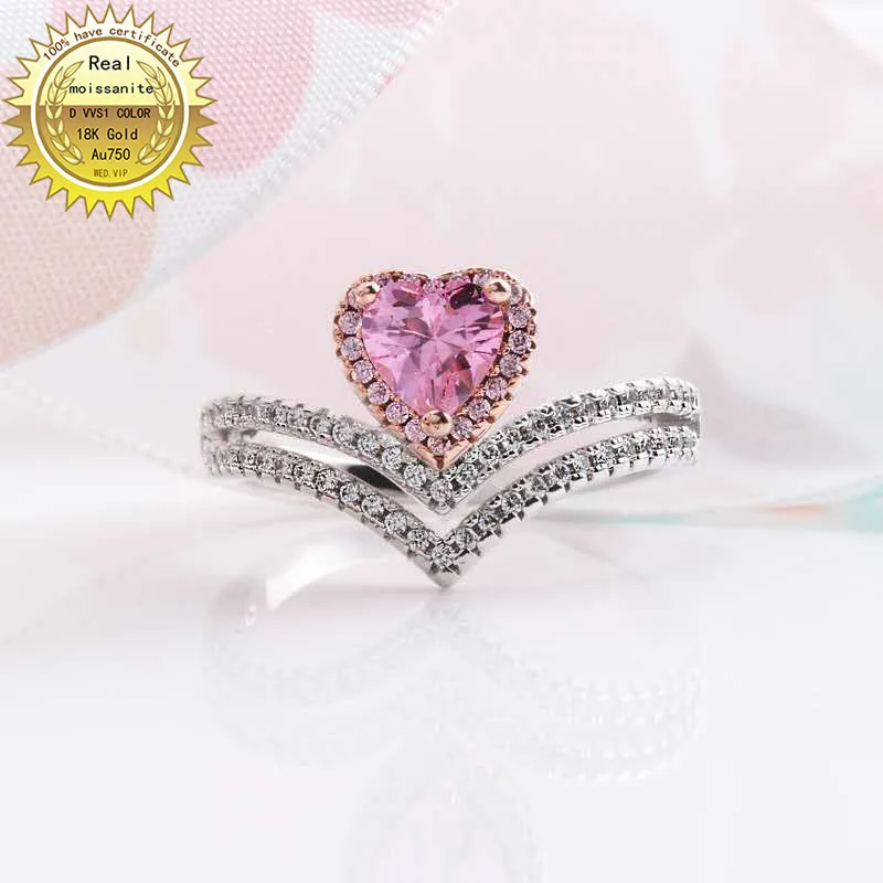 

Solid 18K Gold 1ct pink Moissanite Diamond Ring D color VVS With national certificate 002