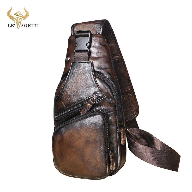 

Men Top Quality Crazy horse Leather Casual Fashion Crossbody Chest Sling Bag Design Travel One Shoulder Bag Daypack Male 8015