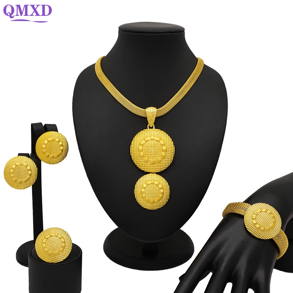 

Fashion Nigerian Dubai Jewelry Sets For Women Wedding Bridal Gold Color Round Necklace Earrings Bracelet Ring Sets Party Gift