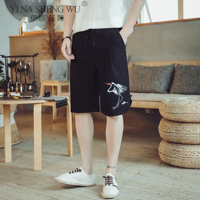 Japanischen Bestickt kran Männlichen Harajuku Sommer Japan Retro Kimonos Shorts Plus-sized Herren tragen Lose Shorts casual Strand Hosen