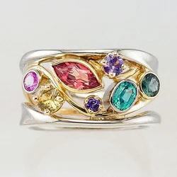 Huitan Two Tone Colorful Stone Hot Sale Women Finger Ring Birthday Anniversary Gift Rings Hollowed Design Fashion Female Jewelry