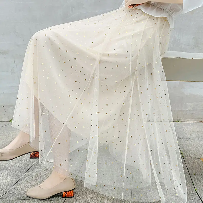 Skirts Women Sequined Mesh Ruffled All Match Sweet Long Skirt Bling Elegant Lady Elastic Waist Flowing Princess Fashion Chic New