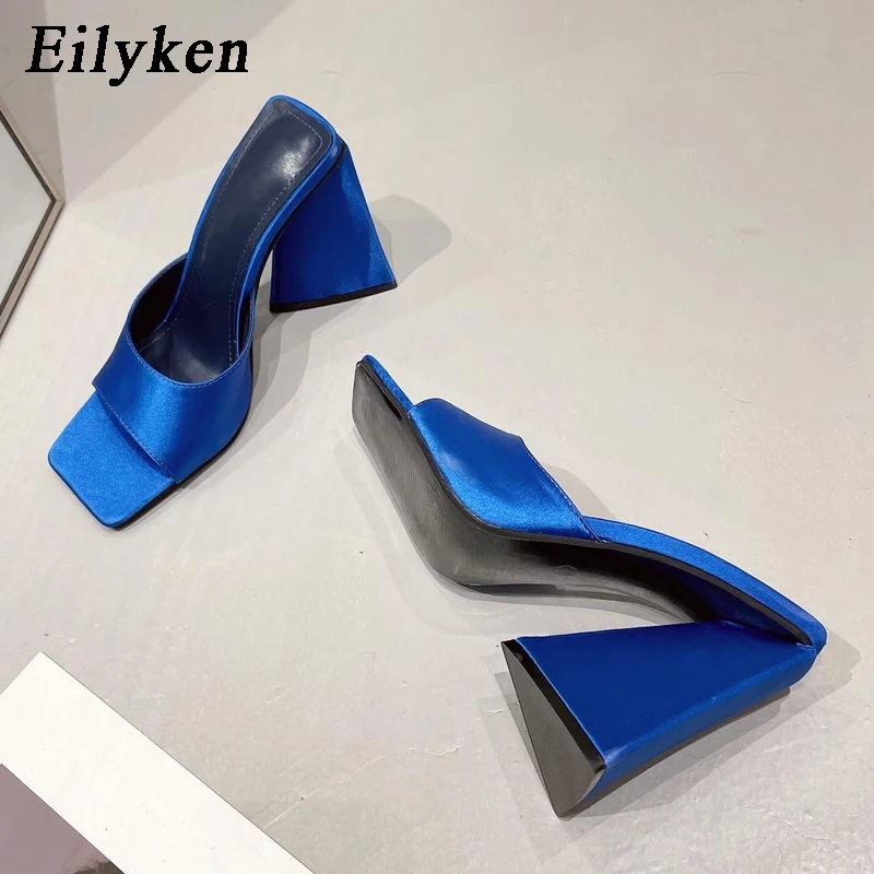 Eilyken 2024 New Arrival Summer Silk Triangle Square Heels Slippers Sexy Street Woman Party Square Toe Dress Slides Shoes