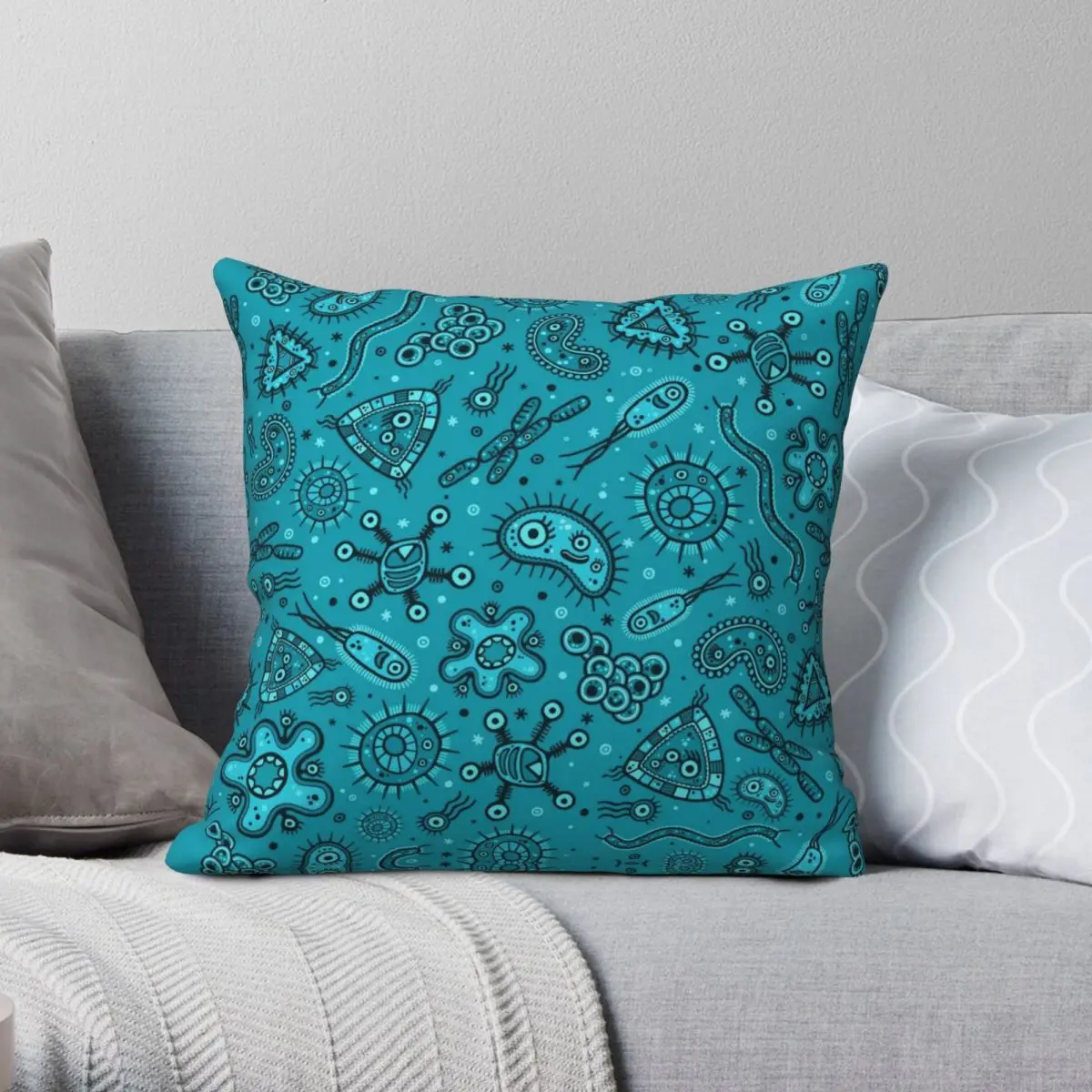 Cartoon Microbes Teal Square Pillowcase Polyester Linen Velvet Pattern Zip Decor Pillow Case Bed Cushion Cover 45x45