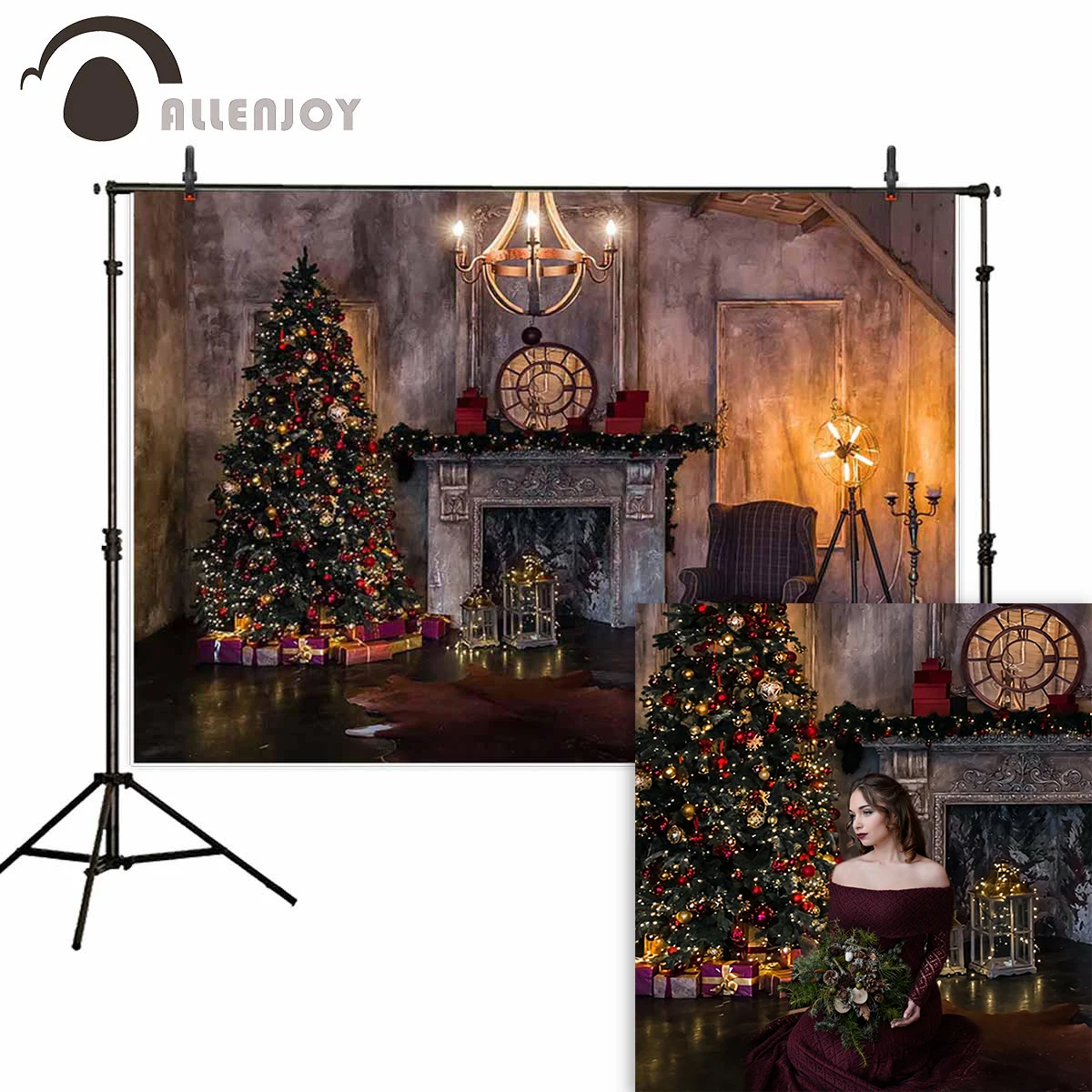 Allenjoy vinyl photographic background Vintage fireplace christmas tree decoration new year photophone photocall banner backdrop