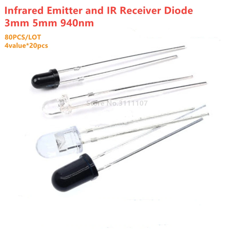 80PCS 3mm 5mm  4 Value 940nm LED Infrared Emitter and IR Receiver Diode IR LED Diode Kit