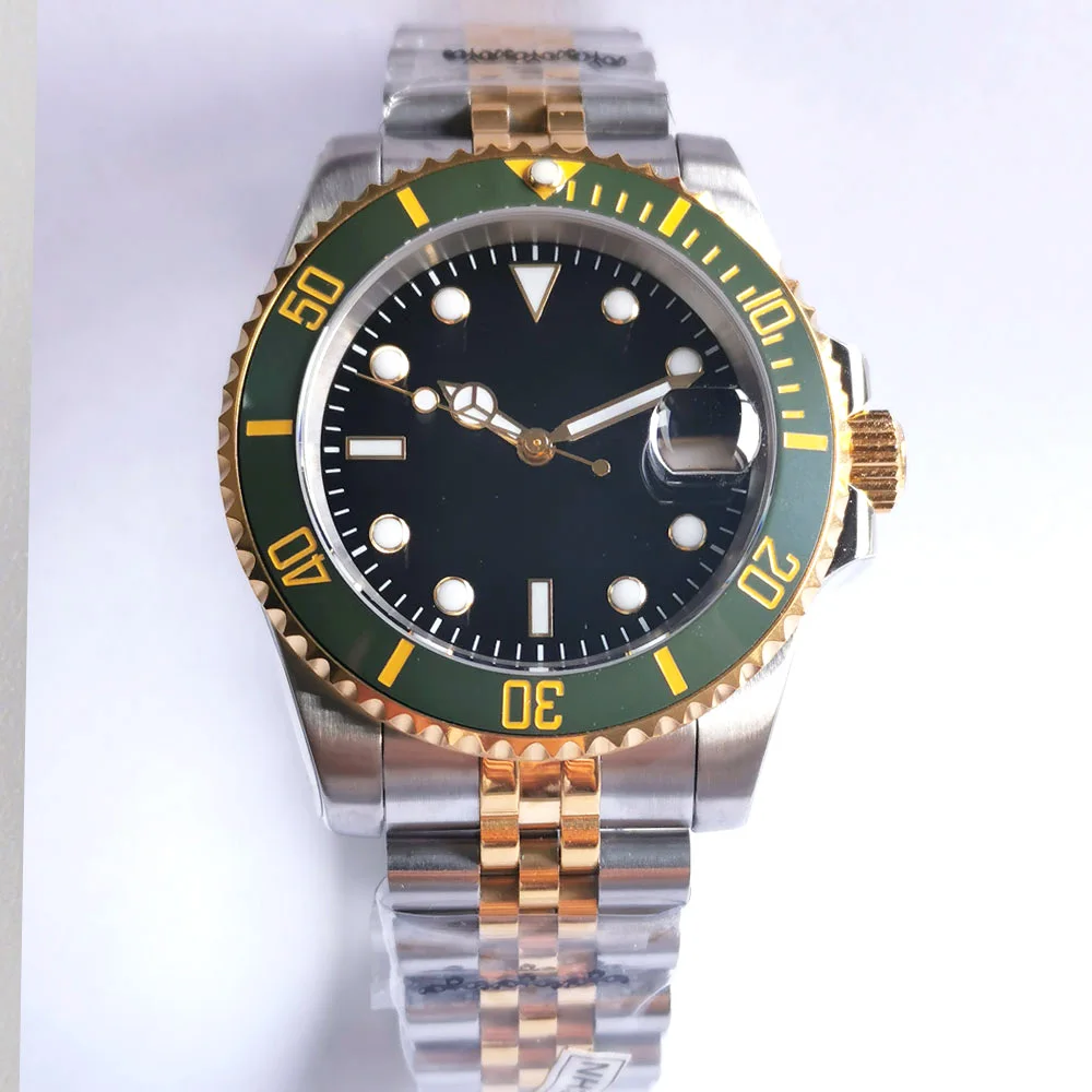 Gold Plated 40mm Sapphire Men's Automatic Watch  NH35 Black Sterile Dial Date Cyclops two-tone solid bracelet Bliger