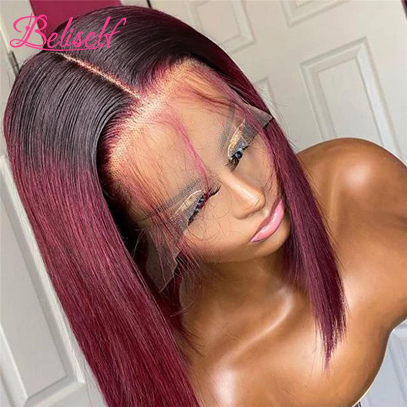 Short Bob 4×4 Lace Closure Wig 1B 99J Straight Burgundy Lace Front Wig Human Hair Brazilian Remy Hair Ombre Wine Red 180 Density