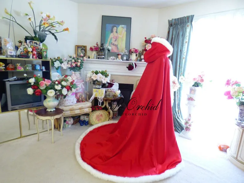 PEORCHID Red White Satin Bridal Cape Blazer Coat Wedding Cloak Reversible Hooded Faux Fur Winter Floor Length Bridesmaid Wraps