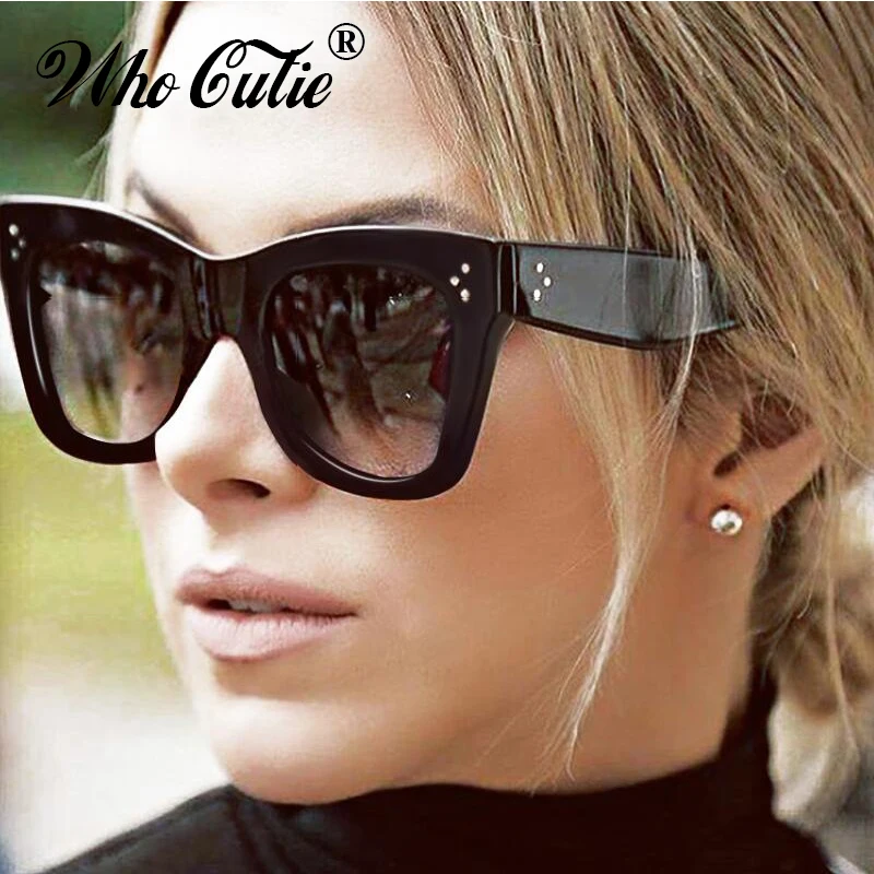 WHO CUTIE Vintage Cat Eye Square Sunglasses Women Brand Designer Rivet Frame Retro Black Cateye Sun Glasses Female Shades OM329