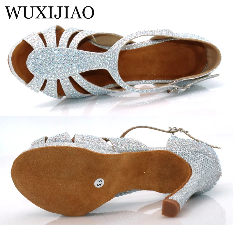 WUXIJIAO-Chaussures de danse en tissu clignotant argenté pour femme, chaussures de salsa en ylène de salle de Rhavec biscuits, largeur de 10cm,