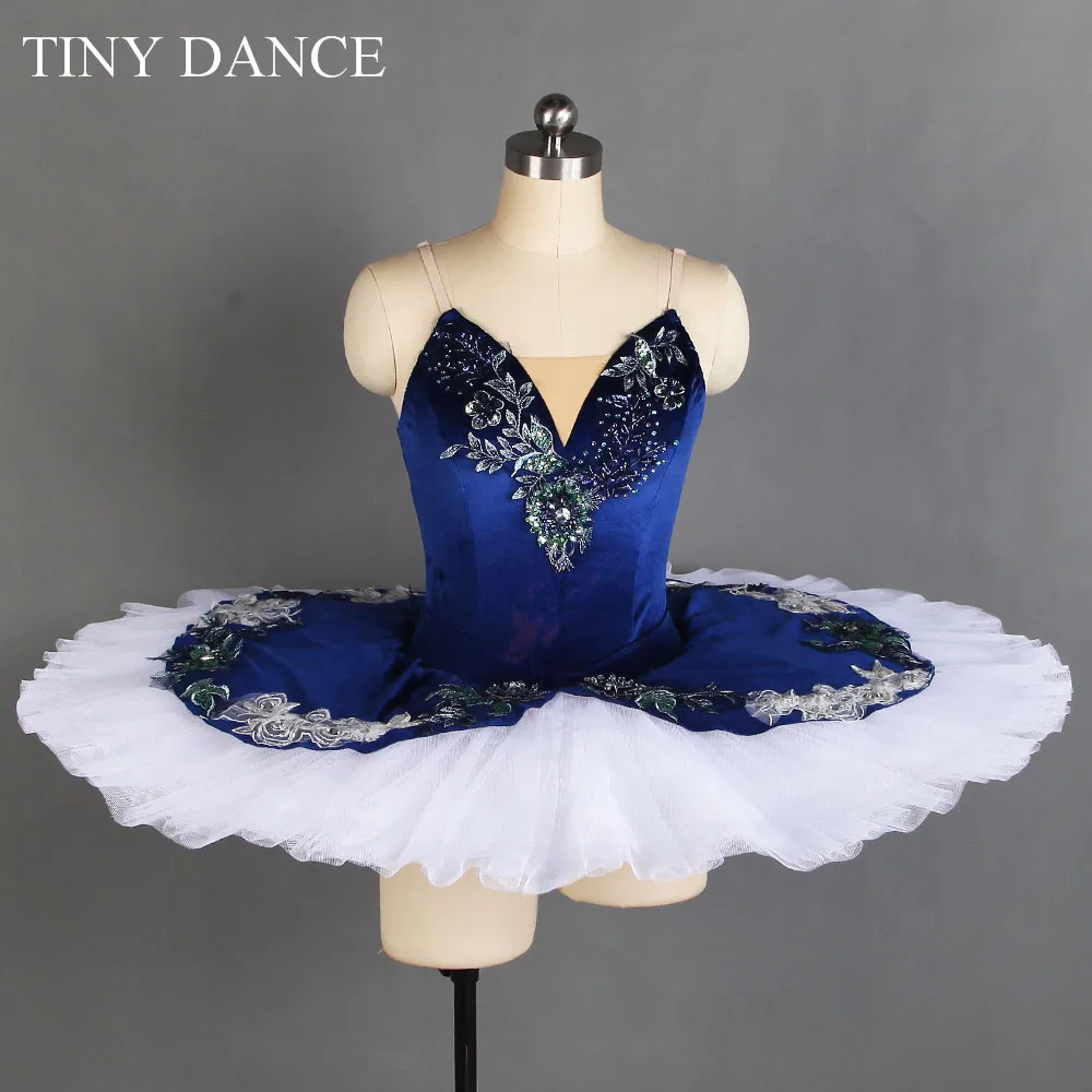 

BLL200 Dark Blue Professional Classical Ballet Dance Tutu with Nude V Neck Performance Costume Solo Pancake Tutu Ballerina Dress