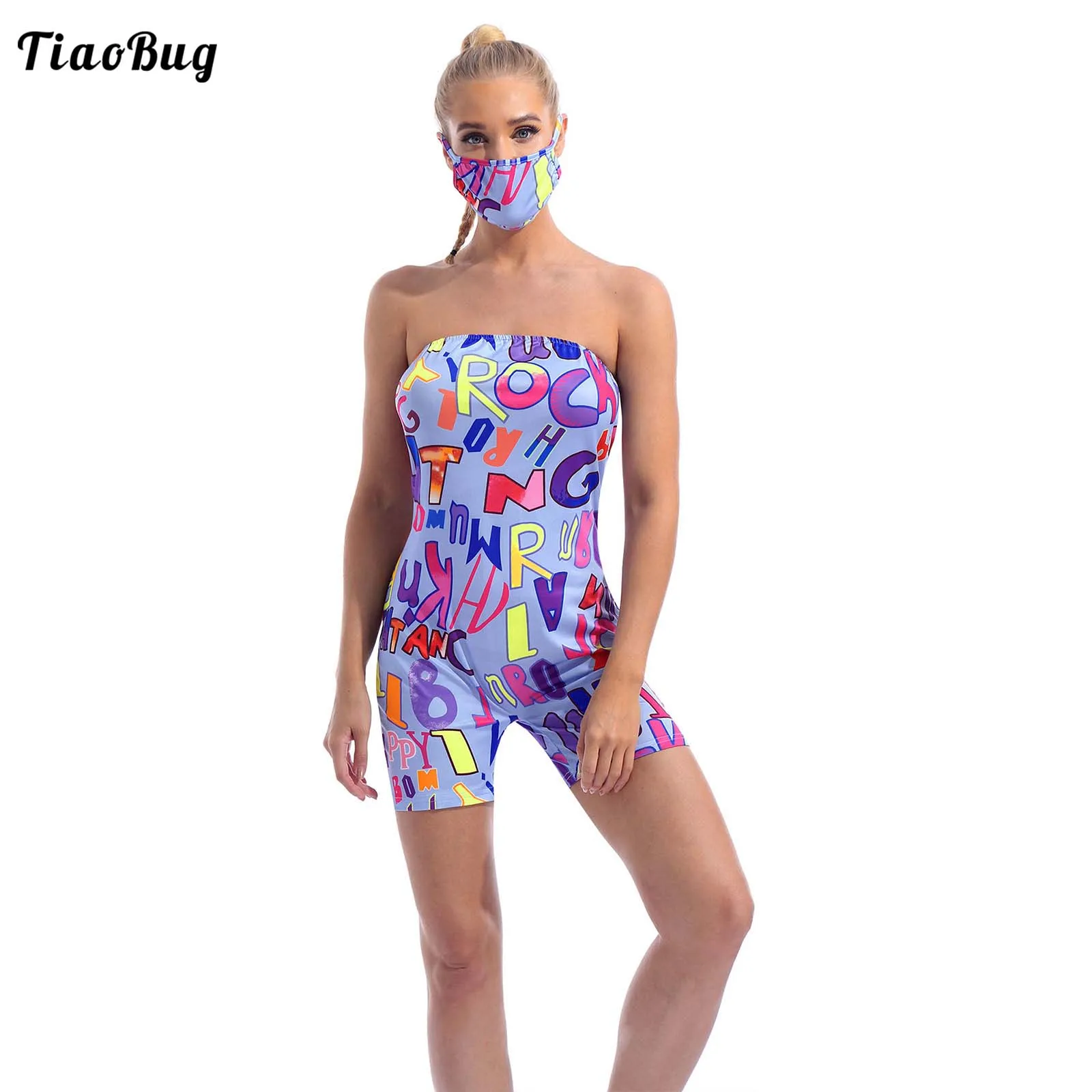 

Women Sexy Summer One-Piece Suit One Word Collar Sleeveless Letters Print Tube Shorts Jumpsuit Bodysuit For Club Party