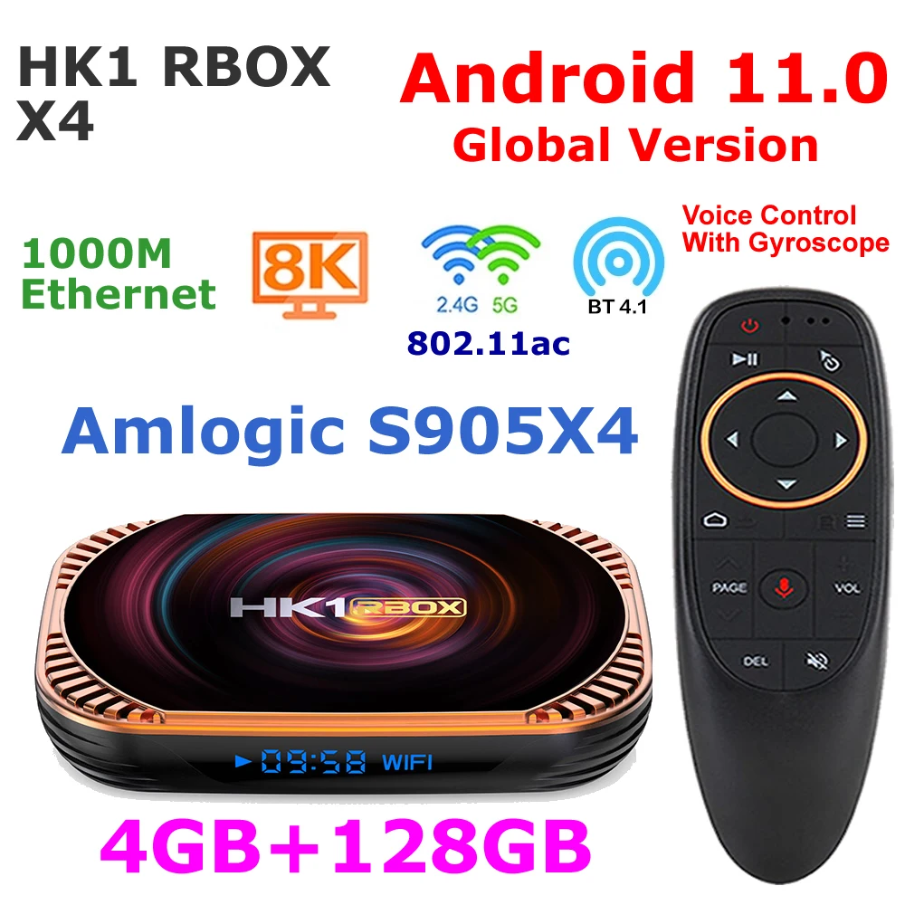 スマートTVボックスHK1RBOX X4,クアッドコア,Android 11, 4G, 128G, 5G,デュアルWi-Fi,LAN 1000m,8Kビデオコーデック,4G