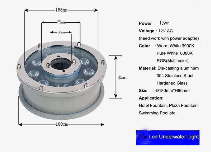 15w Underwater Lights For Ponds Light IP68 White/Warm White RGB LED Waterproof Fountain Light DC12V/24V Swimming Pool Light