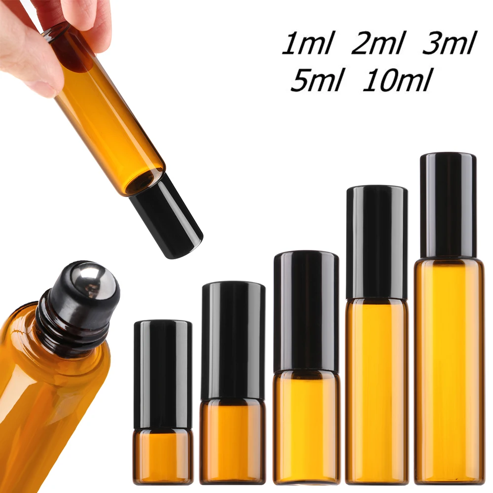 1/2/3/5/10ml Amber Empty Essential Oil Glass Bottle Refillable Perfume Roller Ball Portable Home Travel Liquid Container Tools