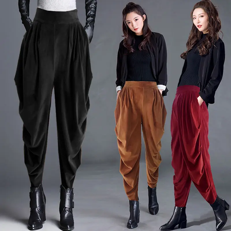 

Pleuche Women's Pants Large Size Elastic Waist Harem Pants Female Loose Casual Pleated Cropped Pants Retro Trousers Japan Style