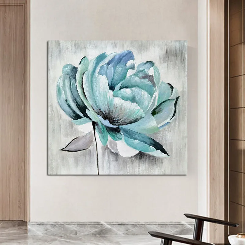 

100% Handpainted Handmade Simple Retro Blue Flowers Abstract Canvas Morden Oil Painting Art Pictures Large Size Frameless