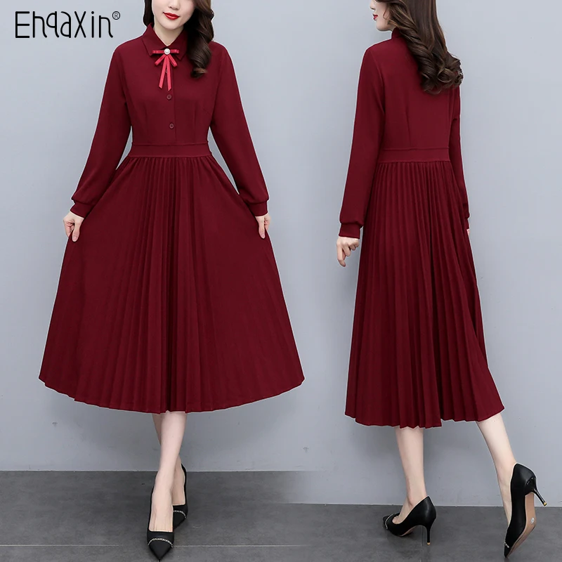 EHQAXIN 2022 Elegant Ladies Dresses Spring French Retro Pleated Burgundy A-Line High Waist Versatile Dress For Female L-5XL