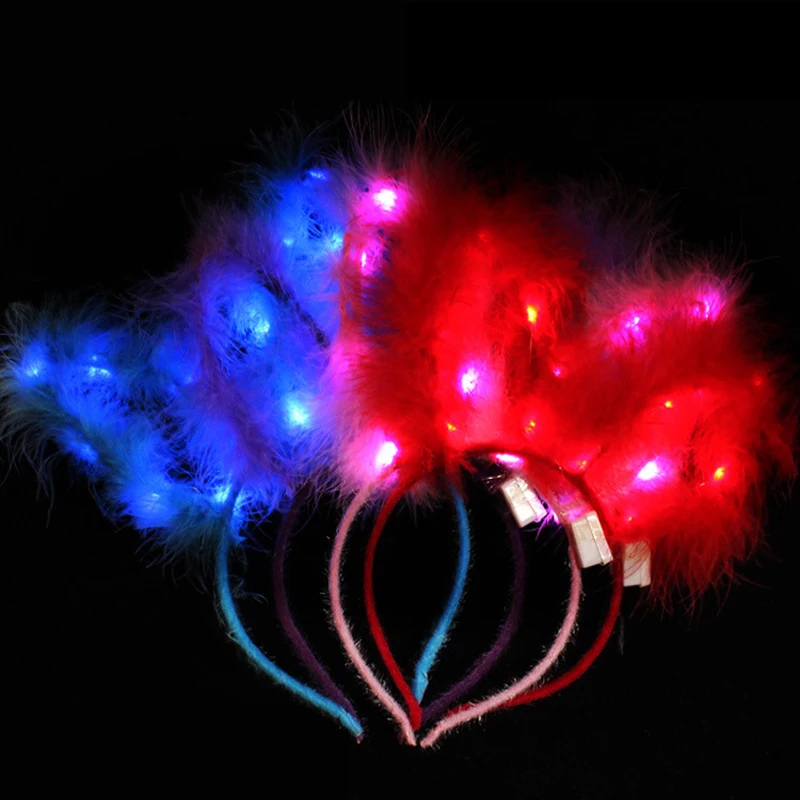 Led Lights Headband Feather Rabbit Ear Headband Glow Neon Led Party Headbands For Women Led Festival Accessories Party Supplies