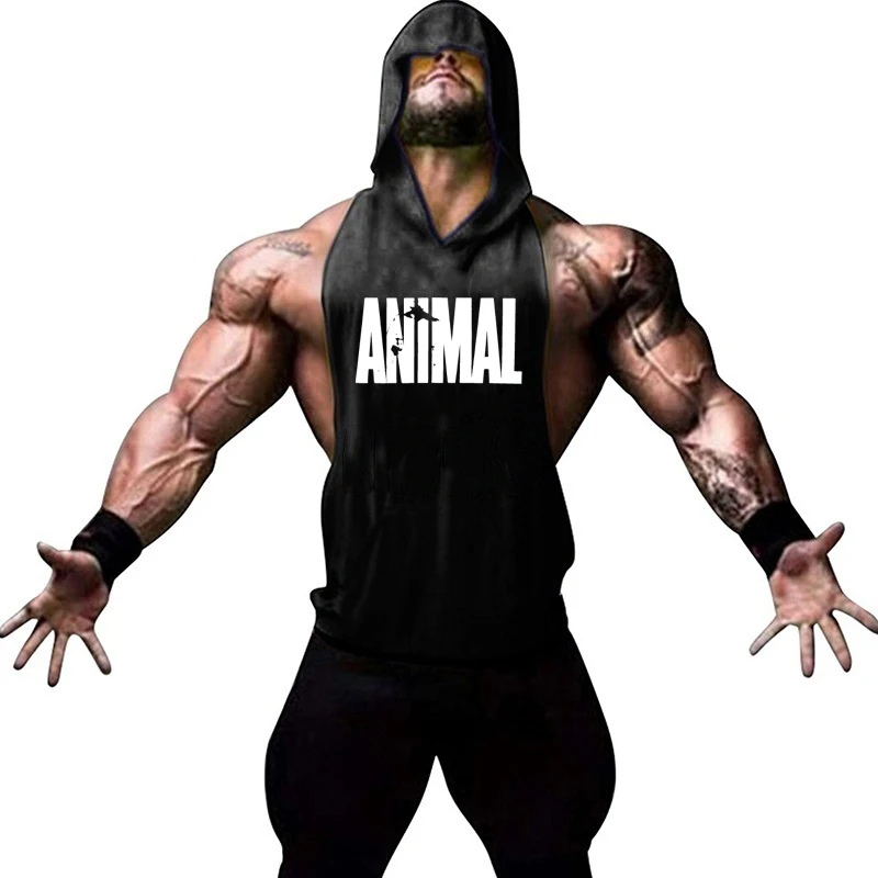 Men Bodybuilding Animal Sleeveless Hooded Tank Tops Muscle Stringer Athletic Fitness Vest Top Summer Hoodies Sportswear Tops