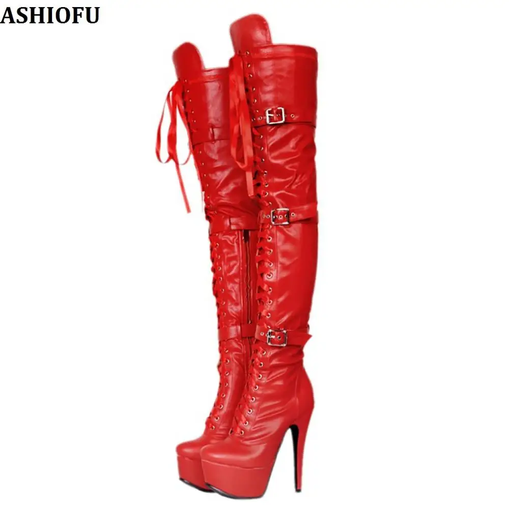 

ASHIOFU 2020 New Handmade Women High Heel Over Knee Boots Buckles-straps Night-club Party Thigh High Boots Fashion Winter Boots