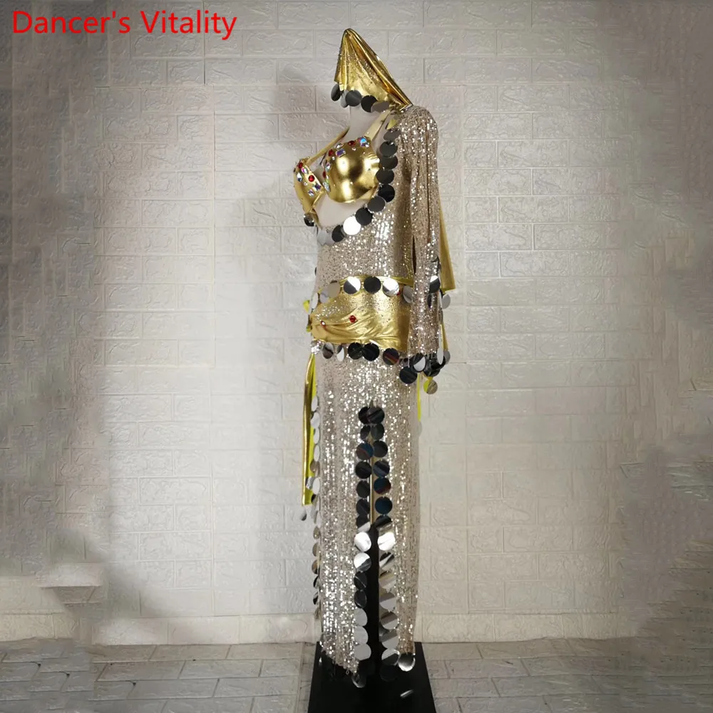 Belly Dance Robe Sequin Bra Belt Headband Competition Suit Shiny Diamond Dress Oriental Indian Dancing Stage Performance Outf