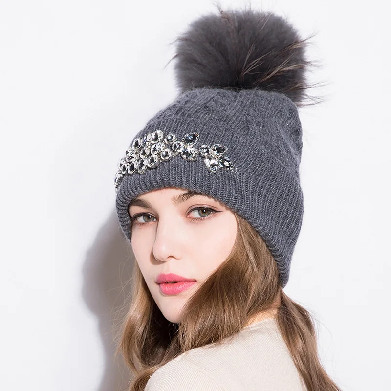 GZHILOVINGL Flower Women\'s Hats With Pom-pom Winter Thick Knitted Hats Big Rhinestone Warm Wool Cross Striped Cap Gorros 61122