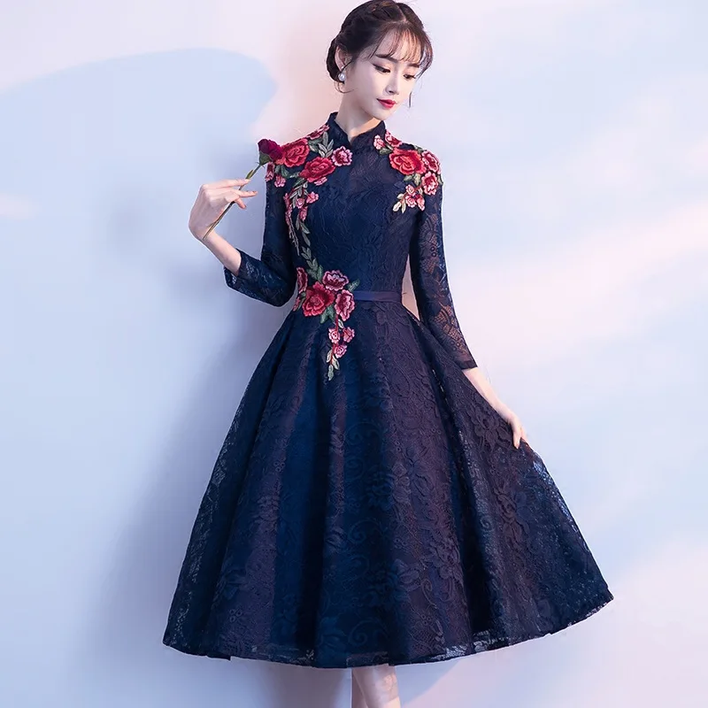 Blue Elegant Lace Evening Dress Embroidery Floral Party Dress Temperament Cheongsam Slim Celebrity Banquet Dress Robe De Soiree