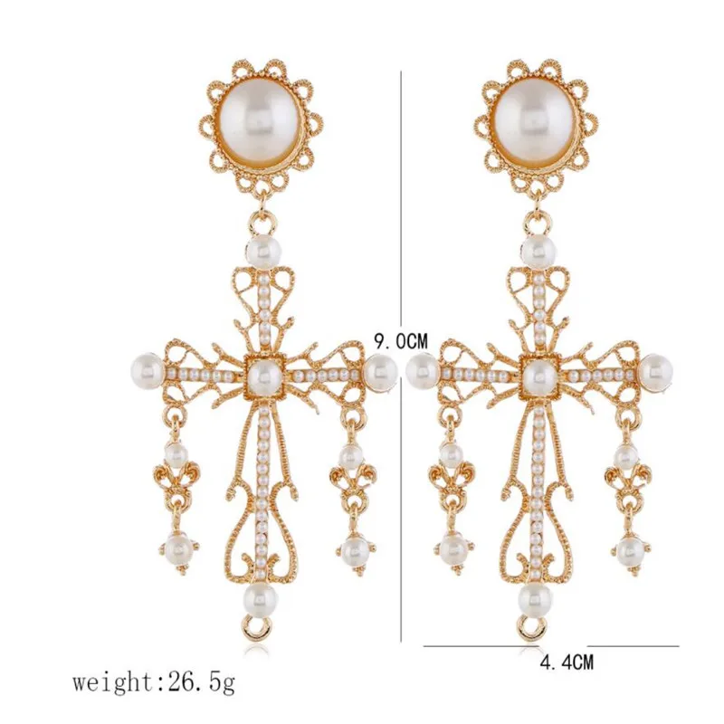 Female Imitation pearls Drop Earrings Baroque Earrings Vintage Palace Jewelry for Women Party Dance Exaggeration Cross Earring