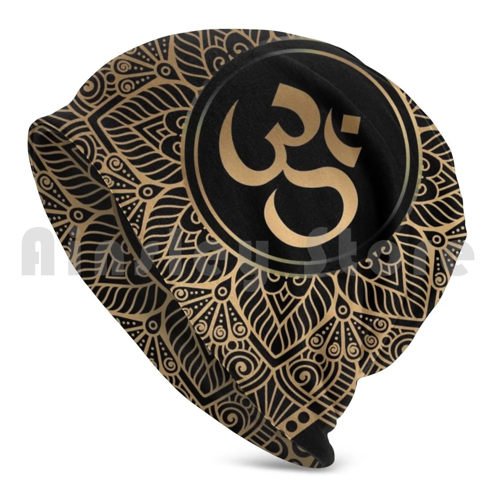 Golden Mandala Beanie Hedging Cap DIY Print Cushion Gold Golden Mandala Om Yoga Aum Ohm Henna