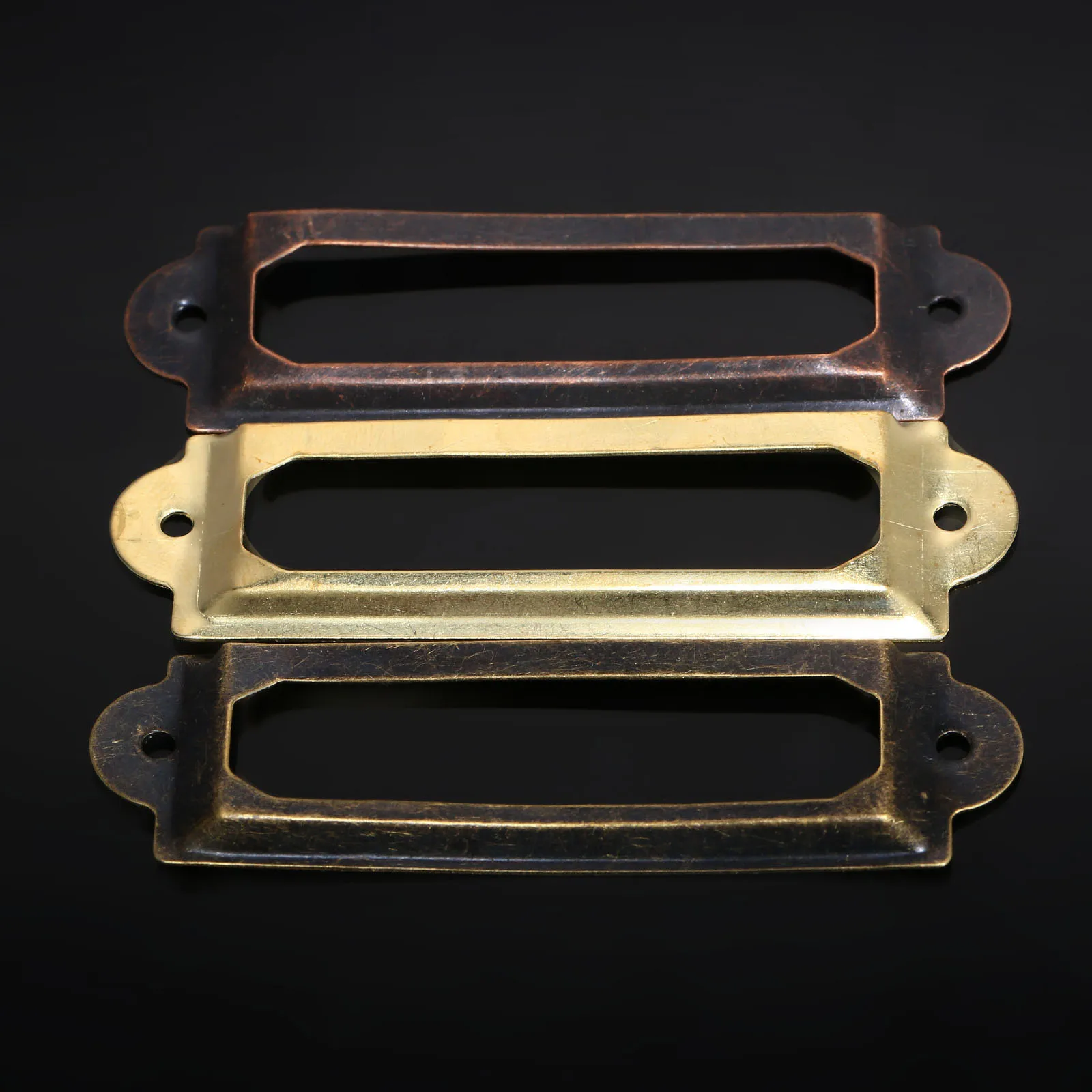 12Pcs Iron Drawer Labels Mini Frame Pull Metal Tag File Name Card Holder Jewelry Box Antique Brass & 24Pcs Srews 62x18mm/43x10mm