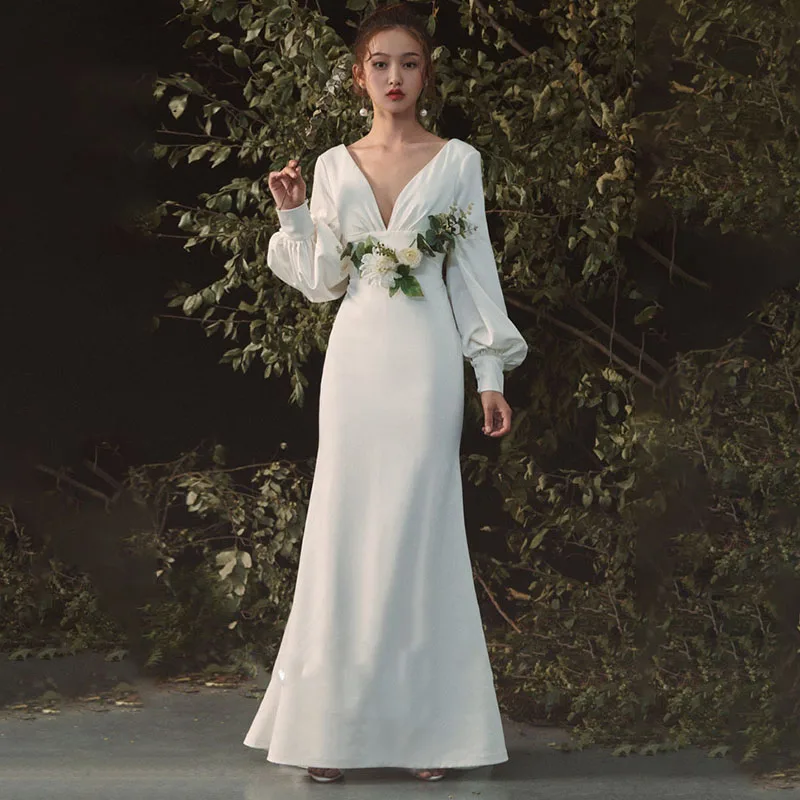 

Ivory White Simple Boho Bohemian Beach Long Sleeve Party Dresses Country Bridal Gowns Floor Length Summer Wedding Event