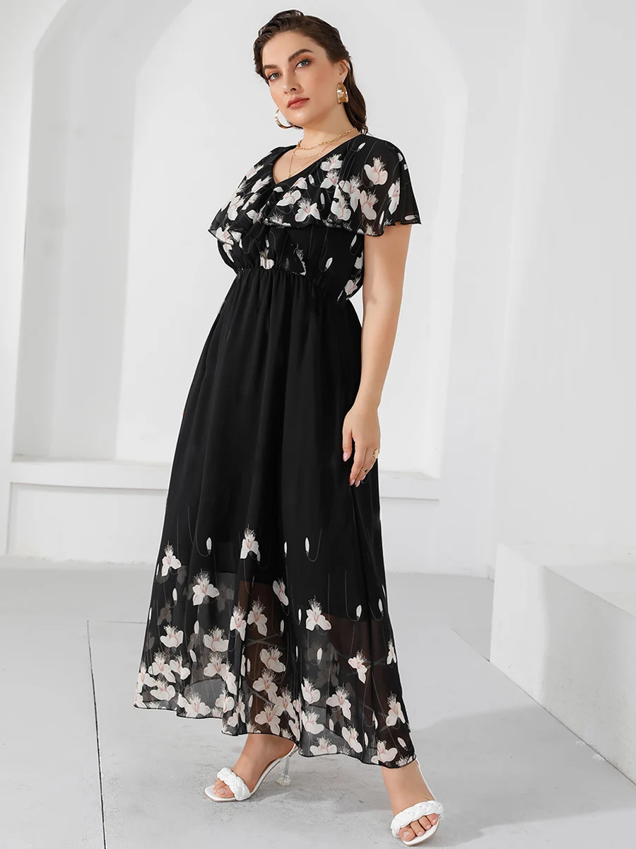 Plus Size Casual Women\'s Dresses 2024 Summer Ruffles V Neck Short Sleeve Floral Maxi Long Dress Black Chiffon Boho Beach Dresses