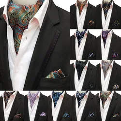 Mans Vintage  Ascot Tie Pocket Square Set Luxury Mans Paisley Flower Cravat Neck Tie Handkerchief Gifts for Men