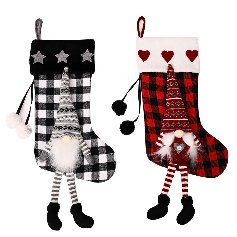 Red Black Grid With Doll Christmas Stocking Xmas Gift Bag Fireplace Decoration Socks New Year Candy Holder Christmas Decor 2020