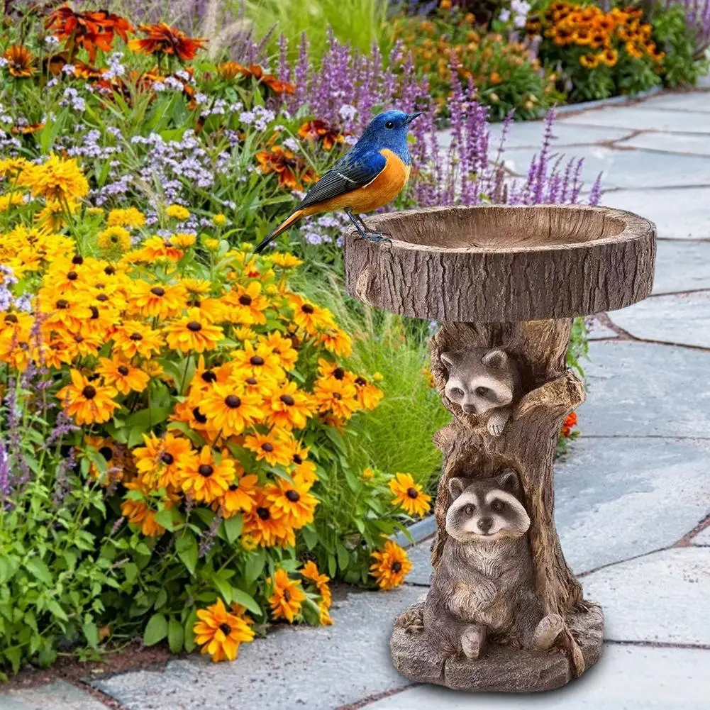 Outdoor Bird Bath Bowl Resin Drinking Tool Resin Raccoon Bird Bath Fountain Yard Garden Decoration Resin Dog/Raccoon Statue