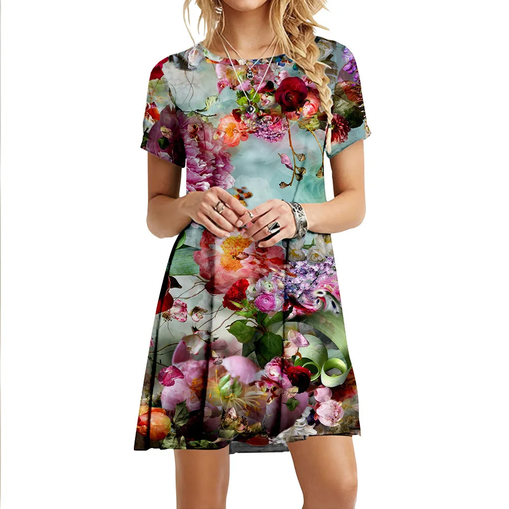 Summer Dresses for Women Elegant O-neck Floral Print Dress Casual  Loose Oversize Robe Short Sleeve Party Women Clothing Femm