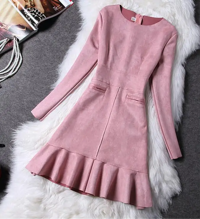 New Winter Fashion Slim Women Suede Dress Long Sleeve Elegant Casual christmas dress party dresses vestidos