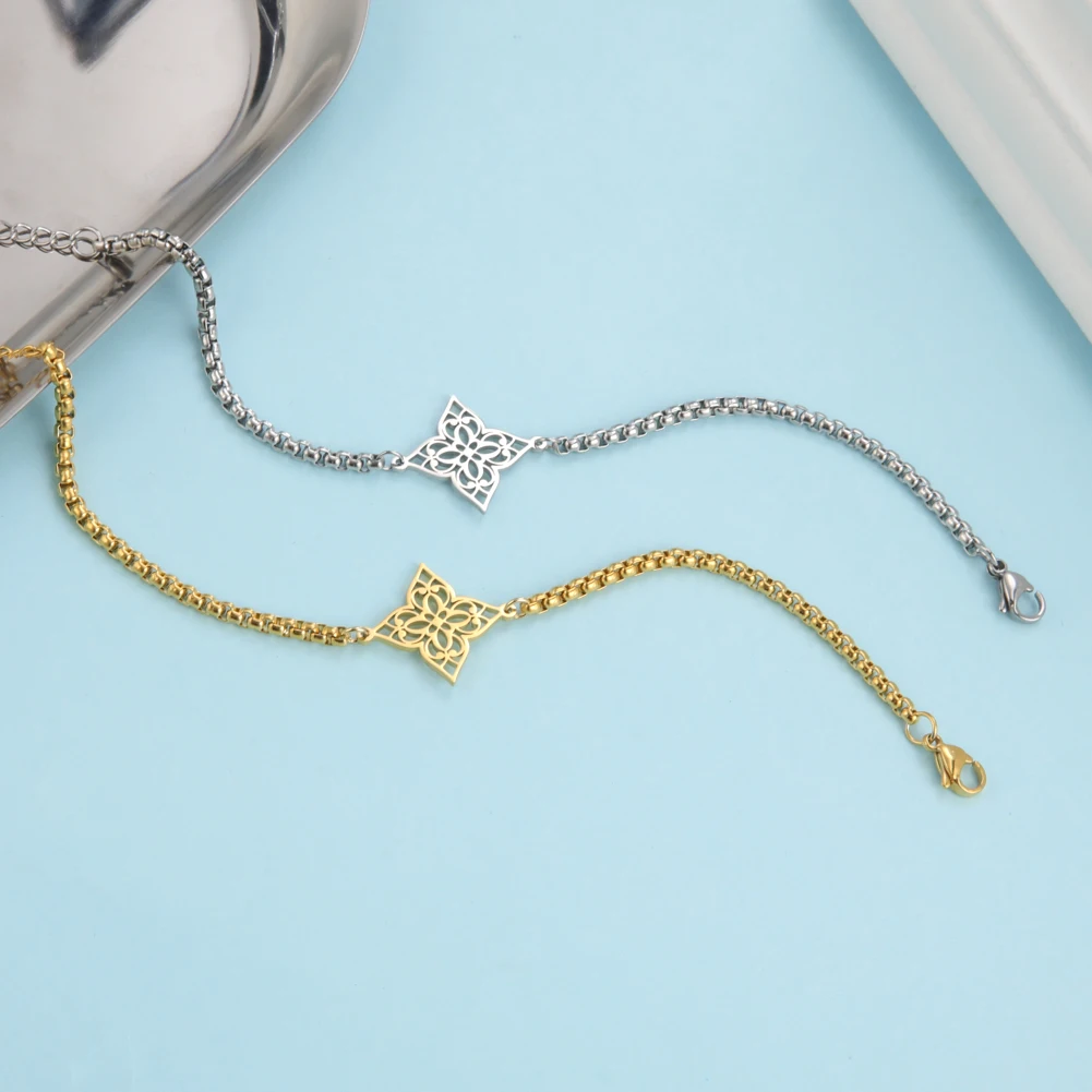 Skyريم خمر المرأة اليد أساور الفولاذ المقاوم للصدأ الذهب اللون هندسية انقطاع تخريمية زهرة صندوق سلسلة أساور بالجملة #3