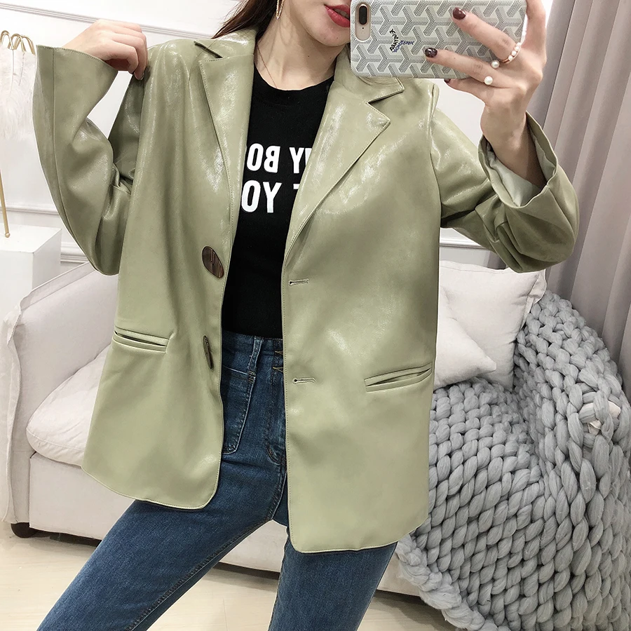 Fashion glossy pu leather jacket female bright shining pu leather outerwear green apricot leather jackets with belt F350