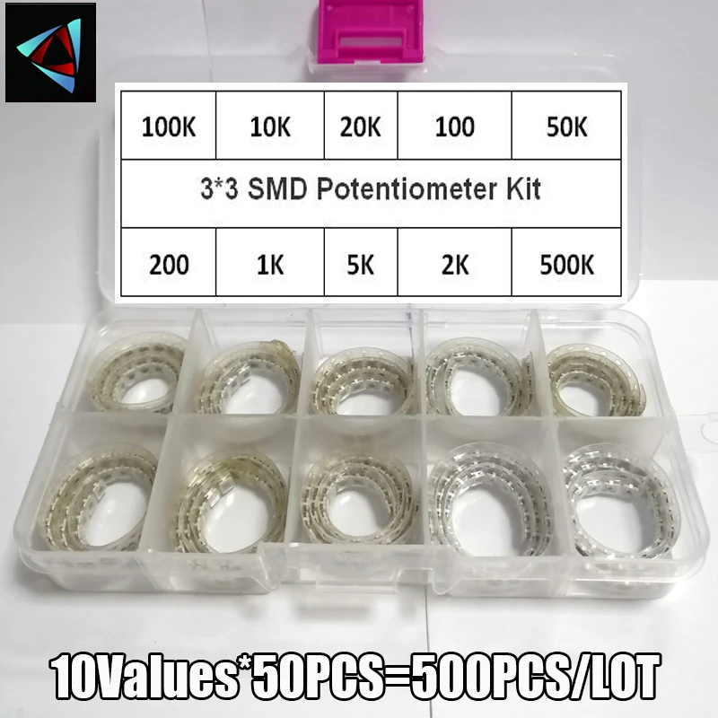 500PCS 3*3 Trimpot Trimmer Potentiometer Kit Variable Resistor 100R-500K 3X3 SMD Resistance 100 ohm-100K Ohm