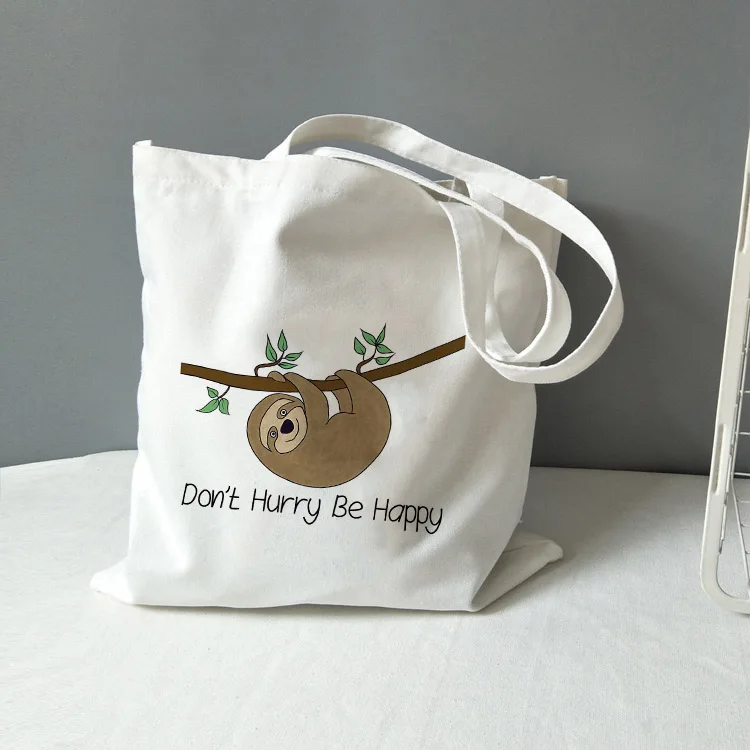 

Fashion Literary Retro Tote Bag Don't Hurry Be Happy Sloth Print Canvas Bags Simple Shopping Bag Handbag Ladies Classic Tote