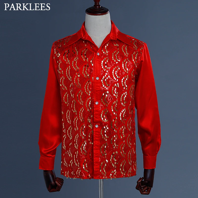 Red Silk Satin Men Shirt Sequin Wedding Party Men Dress Shirt Disco Stage Dancer Men Long Sleeve Fashion Patchwork Shirts Mens